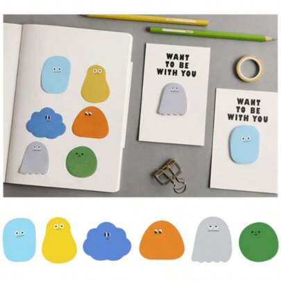 6個入り かわいい付箋。カートゥーン ゼリービーンシリーズ クリエイティブ 取り外し可能なメモパッド。6デザインがランダムにミックスされています。学校に戻る。学校開始のギフト。学習メモツール