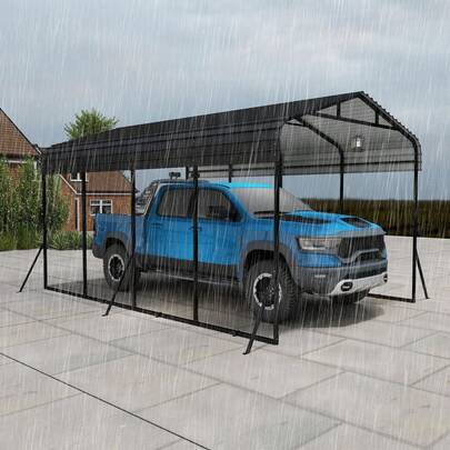 VA-Cerulean Tenda da garage per auto da esterno | 12 x 20 piedi (600*370*260 cm) | Carport in metallo nero | Robusto riparo per auto da garage per esterni | Ombra con tetto in metallo zincato per auto e barche | Tenda da bivacco
