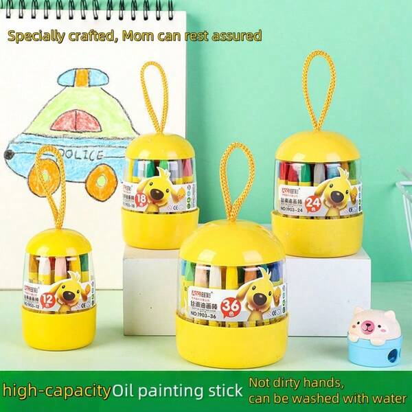 12 pièces/18 pièces/24 pièces/36 pièces Crayons de cire lavables, pastels à l'huile, pinceaux de peinture, bâtons de coloriage pour étudiants, couleurs vibrantes sûres, design de seau avec corde de suspension, utilisation pratique, convient pour l'art, l'artisanat, le coloriage et le croquis