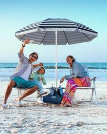 Beach Umbrella With Sand Bag And Cup Holder - 6.5ft Beach Umbrella With Sand Anchor, UPF 50+ PU Coating With Carry Bag For Patio And Outdoor - New Navy Striped With Cup Holder - 水鴨藍 - 查看 9