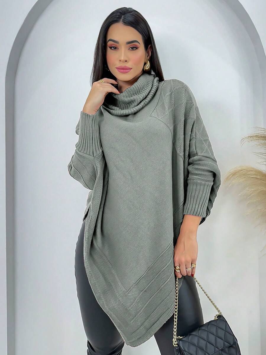 Swisz Women's Winter Poncho Knit Long Sleeve V-Neck Sweater With Scarf - 淺灰色 - 查看 1