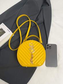 Bolsa Feminina de Design Redondo, Bolsa de Ombro Retrô de PU, Bolsa Clutch Fashion Transversal, Bolsa de Viagem Feminina - Amarelo - Visão 7