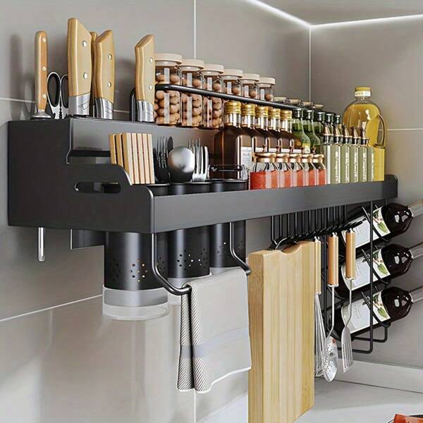 1pc Kitchen Wall Mount Spice Rack, Multi-Function Kitchen Storage Rack With Hooks, Utensil Holder, No-Drill Metal Kitchen Organizer Hanging Rack, Kitchen Accessory