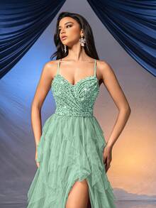 Đầm dạ hội kiểu cổ tích QOQ dành cho nữ, kiểu dáng lãng mạn, thích hợp cho các sự kiện cưới hỏi, tiệc cocktail, dạ hội từ thiện, hở lưng, đính sequin và vải lưới, kiểu dáng dạ hội mùa xuân. - Màu xanh Bạc hà - Xem 7