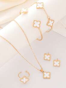 6 Pcs Clover Earring Necklace Bracelet Bangle Ring Jewelry Set For Women