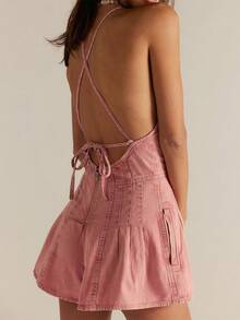 Women Sleeveless Deep V Neck Short Denim Jumpsuit Rompers Spaghetti Strap Backless Tie-Up Ruffle Denim Shorts Jean Overalls