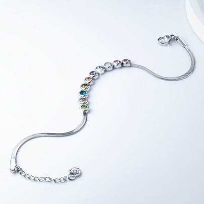 Pulsera de mujer de plata de ley 925 con diseño de burbujas soñadoras, cadena plana con cristales de circonia coloridos, adecuada para uso diario, vacaciones, fiestas y como regalo festivo