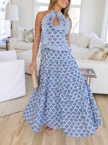 Women Summer Ruffle Halter Top And Flowy Maxi Skirt Sets Y2K Floral Print Backless Crop Tops Long Skirt 2Pcs Boho Beach Vacation Going Out Outfits - Màu xanh lam - Xem 6