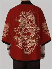 和服衬衫男士日式羽织男士轻便夏季和服中国龙 3D 印花，3/4 袖休闲涤纶衬衫成人男女通用，秋季 - 黑色 - 查看 3