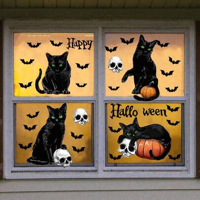 4pcs/Set Halloween Window Clings, Holiday Atmosphere Black Cat & Bat Glass Window Decor Party Stickers, Static Cling Tiles Stickers Home Decor Window Stickers. Suitable For Bedroom, Living Room, Bathroom Room Decor Halloween Decor