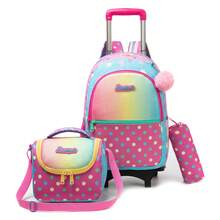 Mochila con ruedas para niñas en edad escolar, mochila con ruedas escolares, mochilas con ruedas lindas para niñas de 8 a 12 años, mochilas con ruedas y lonchera, útiles escolares de vuelta a clases - Rosa Amarilla Roja L4005F - Ver 2