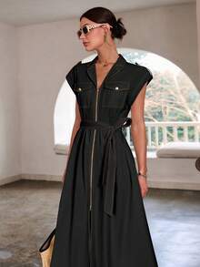 Sollinarry Women's Spring/Summer New Zipper Pocket Decor Long Dress, Vintage Style, Suitable For Office, Teacher Attire Elegant - Black - View 4
