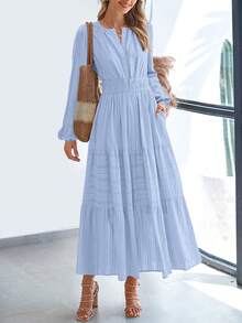 Women Fall Maxi Dresses Long Sleeve High Waist Tiered Flowy A-Line Boho Bohemian Long Dress Beach Holiday Vacation Wedding Guest Valentine Outfit - 淺藍色 - 查看 3