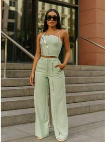 CHRISTINE PANTS SET   Casual    Pocket  Zipper  Button    Office - 聖人 - 查看 3