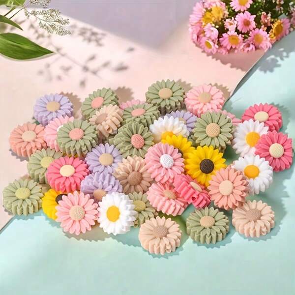 30pcs Realistic Daisy Flower Beads - Bright Silicone Charms For Crafts, Necklaces, Keyrings & Fashion Accessories, Durable & Bendable
