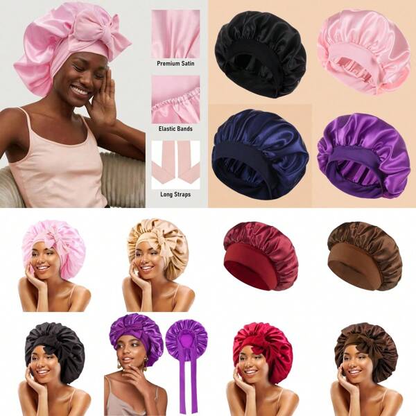 Nouveau bonnet de nuit en satin unicolore avec bande élastique réglable pour femmes. Couvre-cheveux ajustable pour la douche de nuit, accessoire de cheveux turban