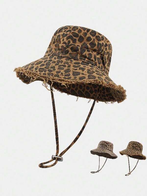 1 szt. damski kapelusz rybacki z nadrukiem w panterkę, letni kapelusz przeciwsłoneczny, zabytkowy kapelusz typu bucket z rondem do użytku na zewnątrz, modny i wyszczuplający twarz, odpowiedni do codziennego użytku na zewnątrz