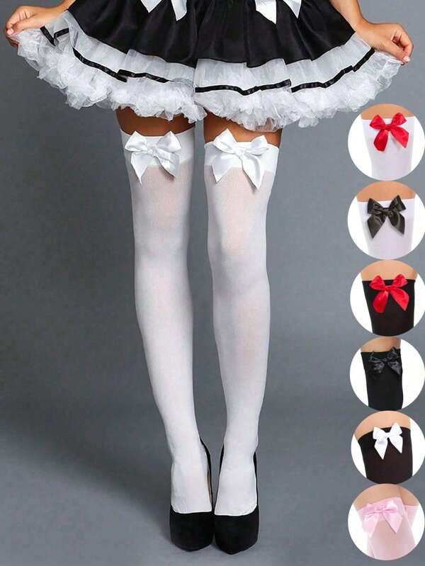 1 Pair Sexy Thin Bowknot Knee High Silk Stockings - Bow Decorated Over-Knee Hosiery, Fashion Versatile Socks For Women, Ideal For Christmas Party Decor, Stage Performances, Cosplay, Events & Parties, Y2K