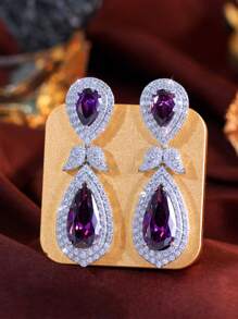 1 Pair Exquisite Silver Plated CZ Long Leaf Teardrop Purple Dangle Earrings, Bridal Cubic Zirconia Women Jewelry For Brides, Wedding, Engagement, Banquet, Party, Gift For Ladies, Bridesmaids, Mother