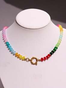 甜蜜浪漫多巴胺彩色串珠项链，波西米亚风格不锈钢心形和 OT 扣饰，夏季珠宝（串珠颜色和位置随机） - 彩色 - 查看 10