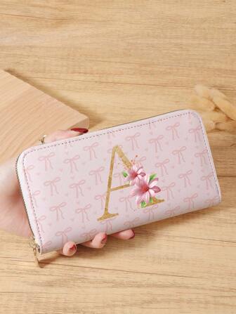 A-Z 花卉字母印花爱心图案多功能长钱包、卡夹、多卡位收纳袋，用于存放信用卡、轻巧简约、时尚现代商务、花卉字母印花礼物，适合周年纪念、圣诞节、情人节、生日、女士、女童、宿舍和返校使用的学校用品包