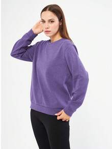 T-shirt casual ample à manches longues, col rond, rayé, pour femme - Prune - Voir 2