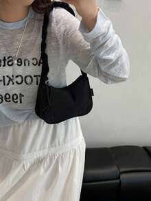 1 件云朵褶饰闪亮面料新月形单肩包，适合女士，时尚简约优雅 - 黑色 - 查看 7