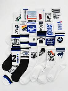 1/5/10 Pairs Random Men's Crew Socks With Graffiti, Letter, Machinery, Skateboard, Street, School, Basketball Designs, Long High Waist Sports Socks, All Season