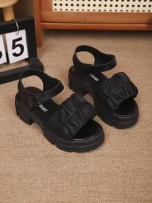 1 Pair Summer Fashion Soft Platform Wedge Sandals For Girls, Suitable For Princess Aged 3-15 For Outdoor Walking, Travel, Party, Beach - Black - View 4