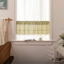 Boho Curtains 84 Inches Long Bedroom, Taupe Cotton Linen White Stripes Embroidery, Chic Hollow Geometric, Semi Blackout Window Vintage Drape With Tassels, 1 Panel W52 X L84, Fashionable Home Decor - 作為 - 查看 9