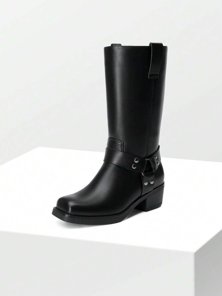 Women's Motorcycle Boots Fashion Casual Slip-On Buckle Square Toe Western Chunky Autumn & Winter Tall Boots For Festival Dress Mid-Calf Boots - 黑色 - 查看 1