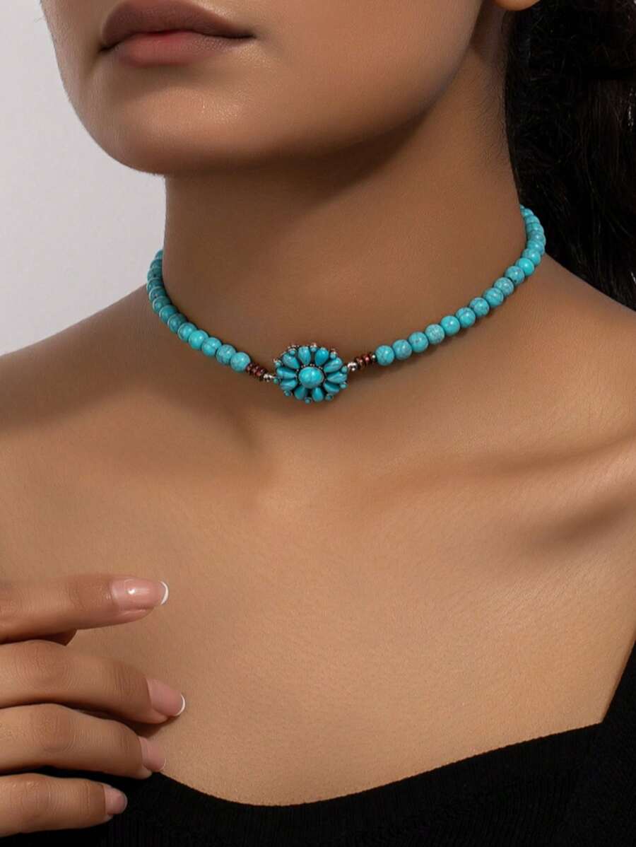 1 Pc Western Turquoise Decor Beaded Choker Necklace For Women