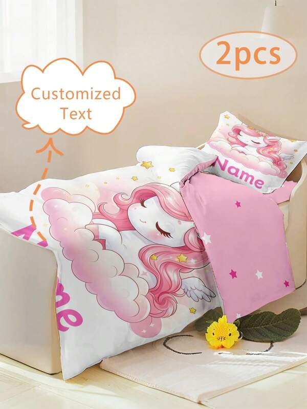 1/2PCS Personalizowany Zestaw Pościeli Jednorożca Własny Tekst Zestaw Poszewek Na Kołdrę Jednorożca Własna Nazwa Dwustronny Nadruk Różowy I Uroczy Do Pokoju Dziewczynek