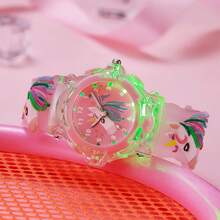 1pc 3D Cute Unicorn Printed Backlit Silicone Quartz Watch, Suitable For Campus, Birthday Gift, Halloween Gift, Back To School Season - Pink - View 4