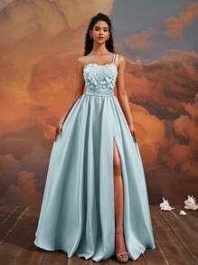 VIPGIRL Eisblau Abendkleid im A-Linie Stil mit asymmetrischem Kragen und 3D Blumen, elegantes geteiltes Tüllkleid für den Abschlussball, Brautjungfernkleid, Abendgarderobe, Abschlussballkleid, Hochzeitsgastkleid, bodenlang, Partykleid, Frühjahr Sommer Kleid