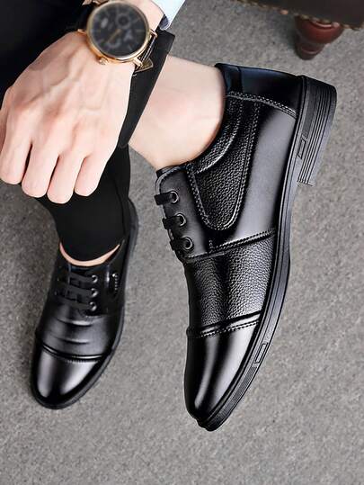 idocity Men's Black Lace-Up Loafers Casual PU Leather Business Wedding Shoes