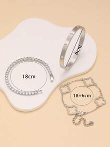 3 件套简约四叶草不锈钢手链套装，女士防过敏 - 銀色 - 查看 5