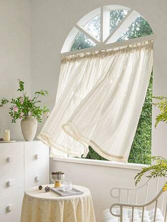 1pc Japanese Style Linen Color Vertical Striped Window Curtain, Vintage American Style Doorway Partition Curtain