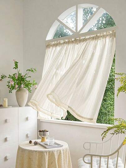 1pc Japanese Style Linen Color Vertical Striped Window Curtain, Vintage American Style Doorway Partition Curtain