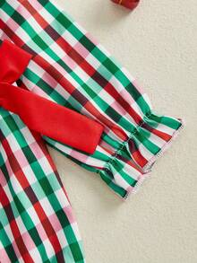 Mono informal de manga larga con lazo a cuadros y bordado navideño para niñas recién nacidas, ropa de moda - Verde - Ver 4