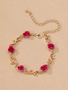 1 Stück Vintage Armband für Damen in Goldfarbe mit roter Rosen Blume Charm