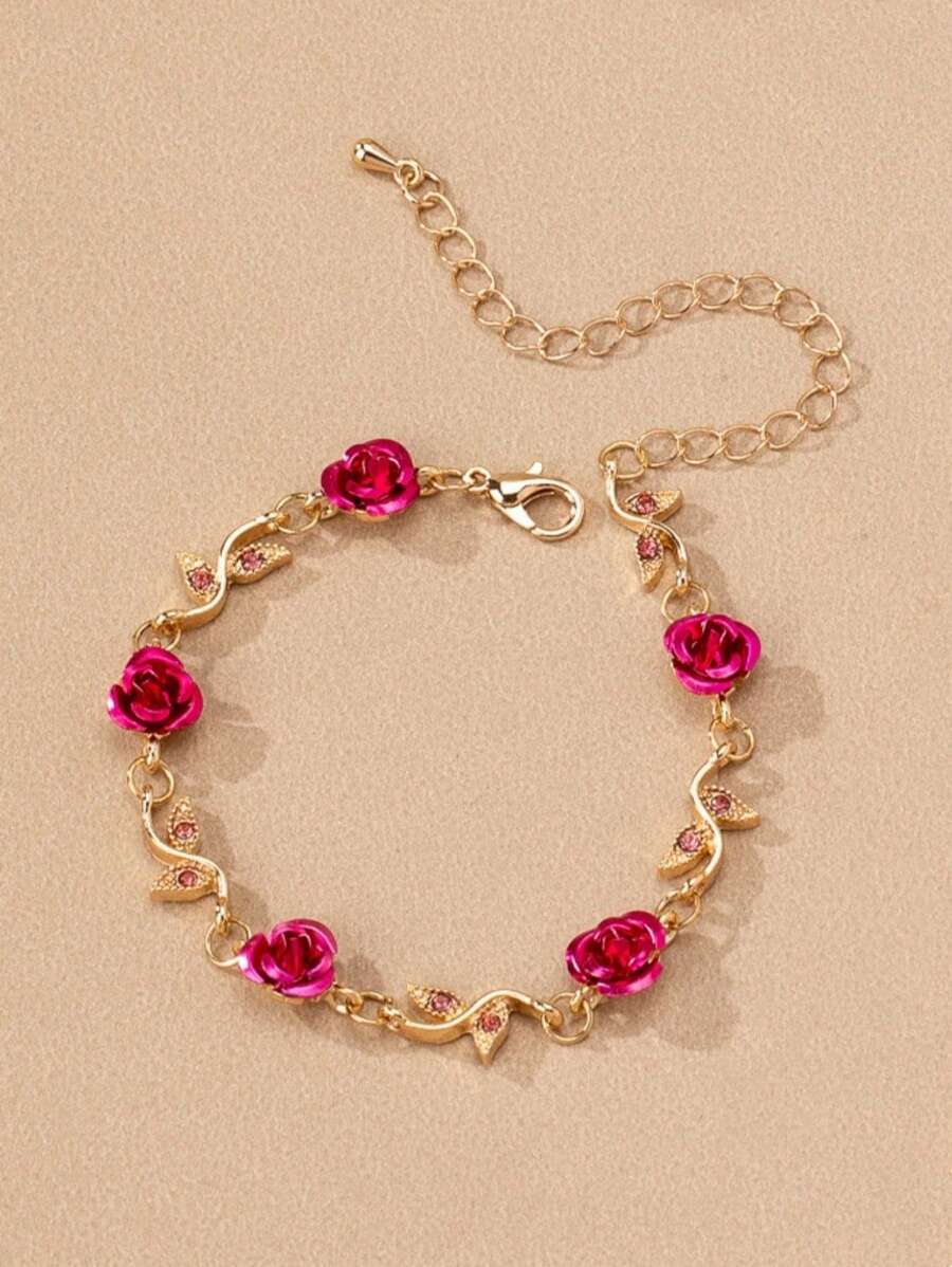 1 Stück Vintage Armband für Damen in Goldfarbe mit roter Rosen Blume Charm
