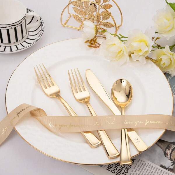 50pcs Stainless Steel Cutlery Set: 10pcs White Jade Plates, 10pcs Small Plates, 10pcs Gold Salad Forks, 10pcs Gold Spoons, 10pcs Gold Cake Knives. Suitable For Weddings, Parties, Birthdays, Kitchens, Beach BBQs, Picnics, Camping, Restaurants, Easter, Halloween, Back To School, Charity , Bakeries, Garden Parties, Outdoor Activities. Convenient To Carry, Washable And Reusable.