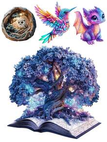 Wooden Puzzle, 3D Optical Illusion - Book Magic / Silent Wisdom / Glittering Dragon / Jewel Hummingbird, Asymmetrical Animal Shaped Wooden Jigsaw Puzzle Toys, Unique Party Game Gifts, Decorative Art Paintings, Tabletop Magic Puzzles, Distinctive Children's Educational Puzzles, Holiday Gifts, Suitable For Kids, Easter, Mother's Day Gifts - Multicolor - View 2