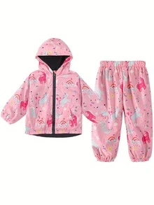 两件套女童独角兽印花连帽外套套装，休闲拉链连帽衫和裤子套装，户外女童服装，适合户外活动穿着