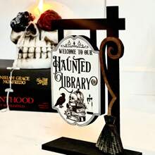 1 pièce Décoration gothique bibliothèque fantôme d'Halloween - Panneau en bois de style gothique avec conception de corbeau et chapeau de sorcière - Affichage de bureau en faux bois, cadeau pour lecteur