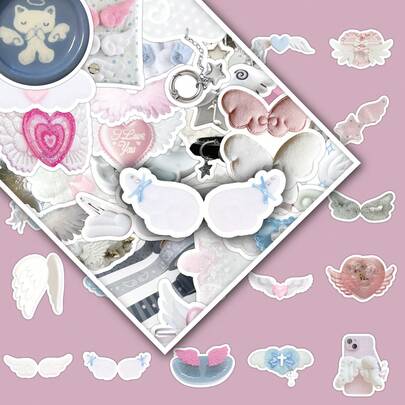 50pcs Cute Cartoon Angel Wings Stickers, DIY Decorative Stickers For Water Bottle, Phone Case And More,For School Supplies,Back To School Scrapbook Supplies Funny Stickers Laptop Stickers Kindle Phone Stickers