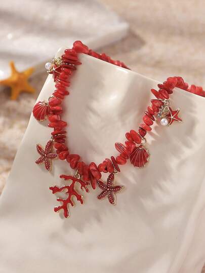 1件波西米亚海洋风红珊瑚海星贝壳天然石串珠项链，适合女士海滩度假、夏季休闲装、旅行礼物。天然石的颜色和形状可能略有不同。