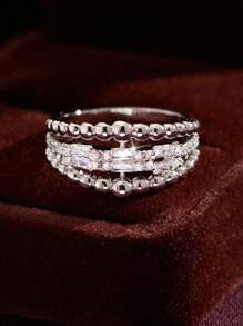 1 anel vintage elegante estilo boêmio com dupla camada redonda de zircônia incrustada, adequado para mulheres, casamento, noivado, aniversário, uso diário