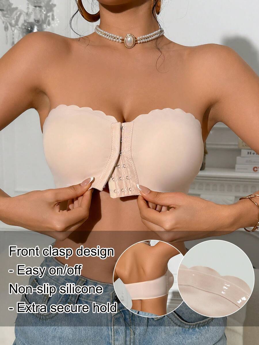 1pc Apricot Front Clasp Scoop Neck Bandeau Bra, Wide Silicone Upgraded Non-Slip (Won't Stick), Comfortable Padded Bralette, Seamless Wireless Bra, Strapless Bra